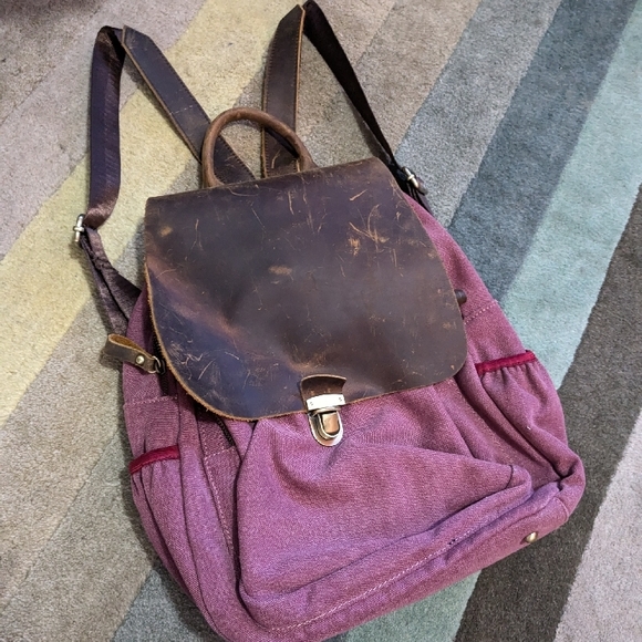 Vintage Brown and Purple Leather Backpack - Picture 1 of 6